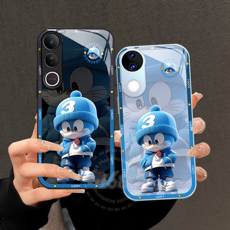 เคส Vivo V60 V70 V50 5G Case เคส Vivo V60 V50 Lite Case เคสน่ารักการ์ตูน Doraemon โดราเอมอนกันกระแทกหรูหราของเหลวแข็งกระจกฝาครอบสําหรับเด็กชายสาวนักเรียน
