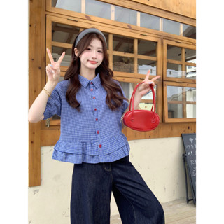 ฤดูร้อนลำลองผู้หญิงพัฟแขนสีฟ้าลายสcotต์นุ่มเสื้อด้านบน 25060…