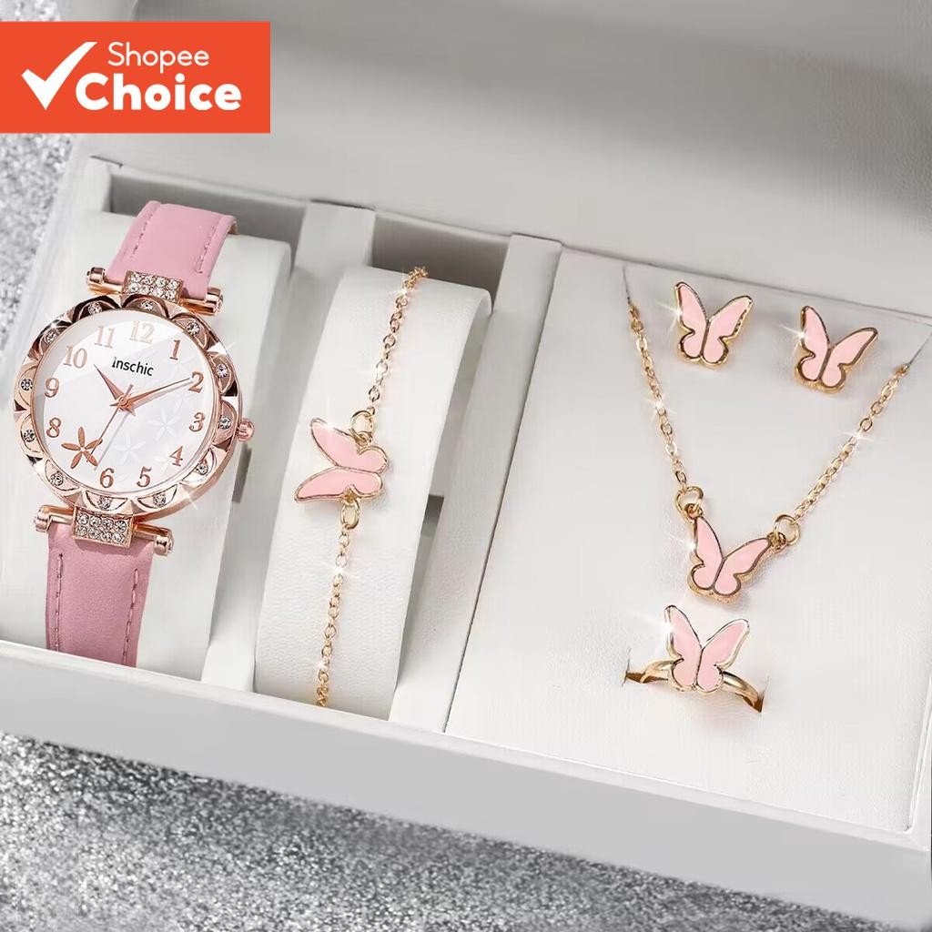 Elegant Lady Jewelry & Leather Watch พร้อมนาฬิกาข้อมือควอตซ์สําหรับผู้หญิงเหมาะสําหรับของขวัญ