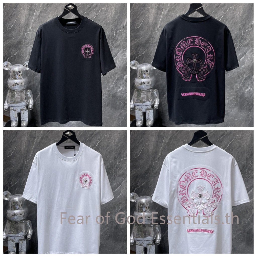 เสื้อยืดแขนสั้นคอกลมสำหรับผู้ชายและผู้หญิง ออกแบบโดยใช้มือ มีลายปักและสติกเกอร์บนแขน