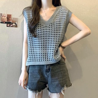 YY106 เสื้อยืดตาข่ายแขนกุด ผ้าไหมพรมยืด ใส่สบาย ฟรีไซส์ สไตล์เกาหลีสุดน่ารัก ระบายอากาศ
