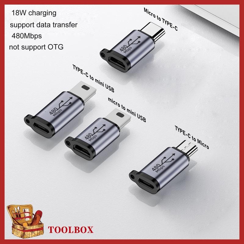 TOOLBOX Type-C ถึง Micro USB Mini USB อะแดปเตอร์แปลง 18W อลูมิเนียมอัลลอยด์เชื่อมต่อ 480Mbps สําหรับกล้องดิจิตอล GPS Recei
