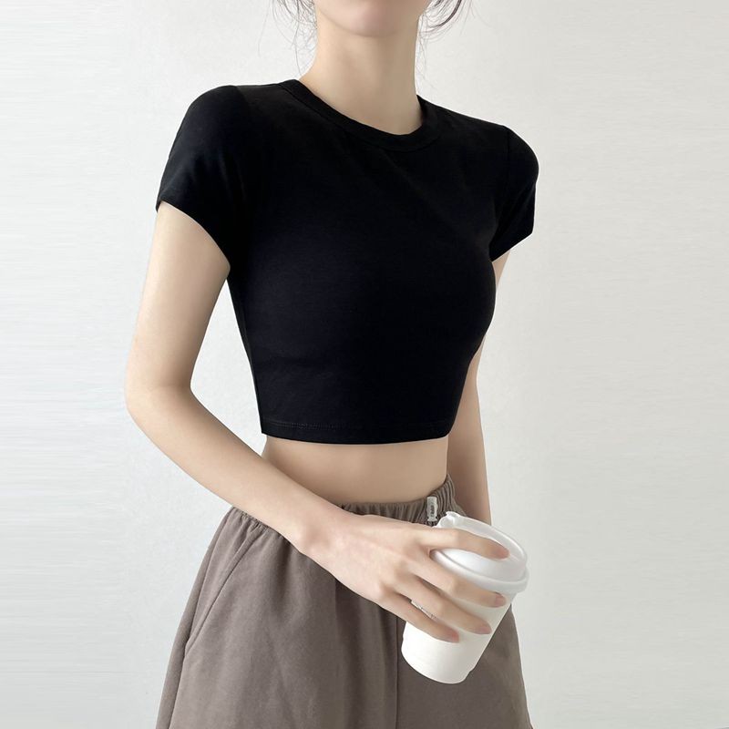 แขนสั้นยางยืด เสื้อยืดผู้หญิง คอกลมแขนสั้น สีทึบ แฟชั่น เรียบหรู มิเนมอล ใส่สบาย แมตช์ง่าย เสื้อยืดผู้หญิง ทรงสั้นพิเศษ - รูปที่ 2