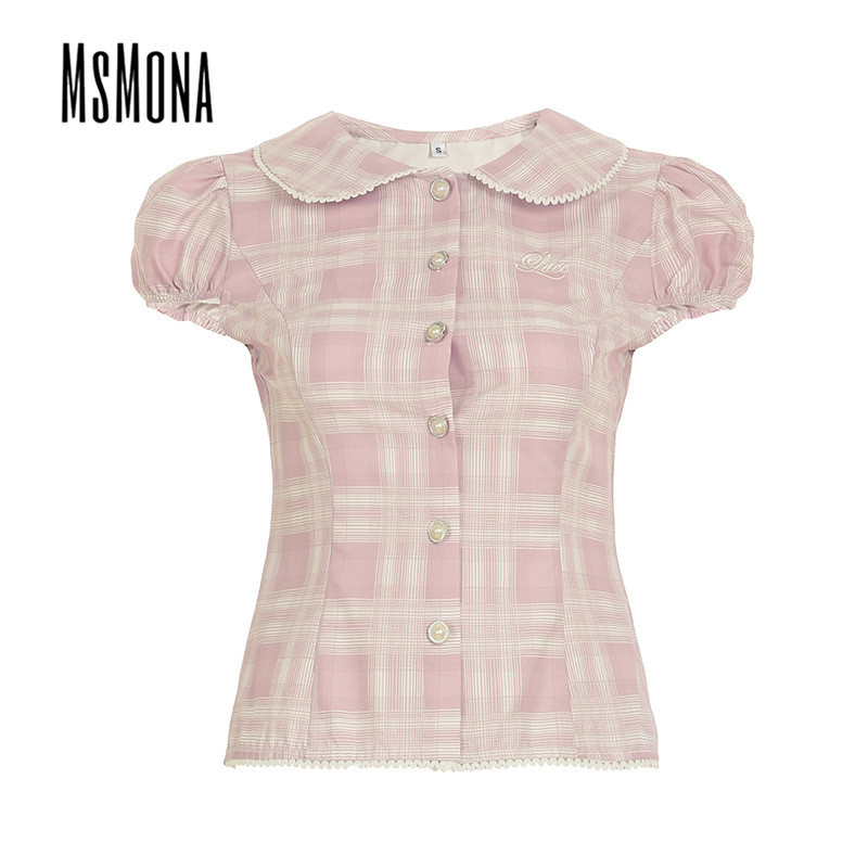 นางสาว ผู้หญิงของแท้2025เสื้อแฟชั่นแขนพองสแควร์คอปุ่มลายสก๊อตสลิมฟิตหวานวิทยาลัย - รูปที่ 3
