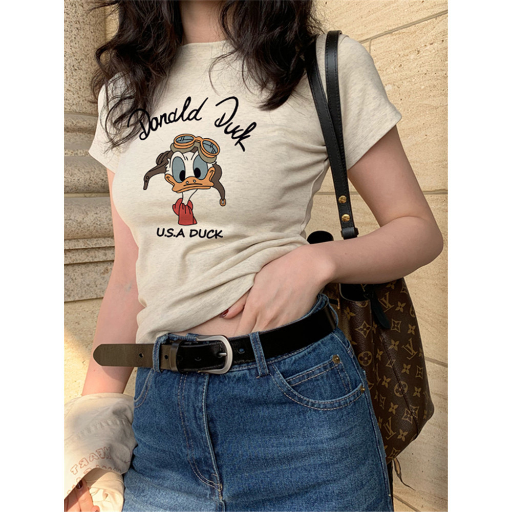 เสื้อที-เชื่อผ้าฝ้ายแบบอเมริกันสำหรับผู้หญิง สไตล์แขนสั้น สีซันมีการพิมพ์ลายลักษณะ สำหรับฤดูร้อน baby tee