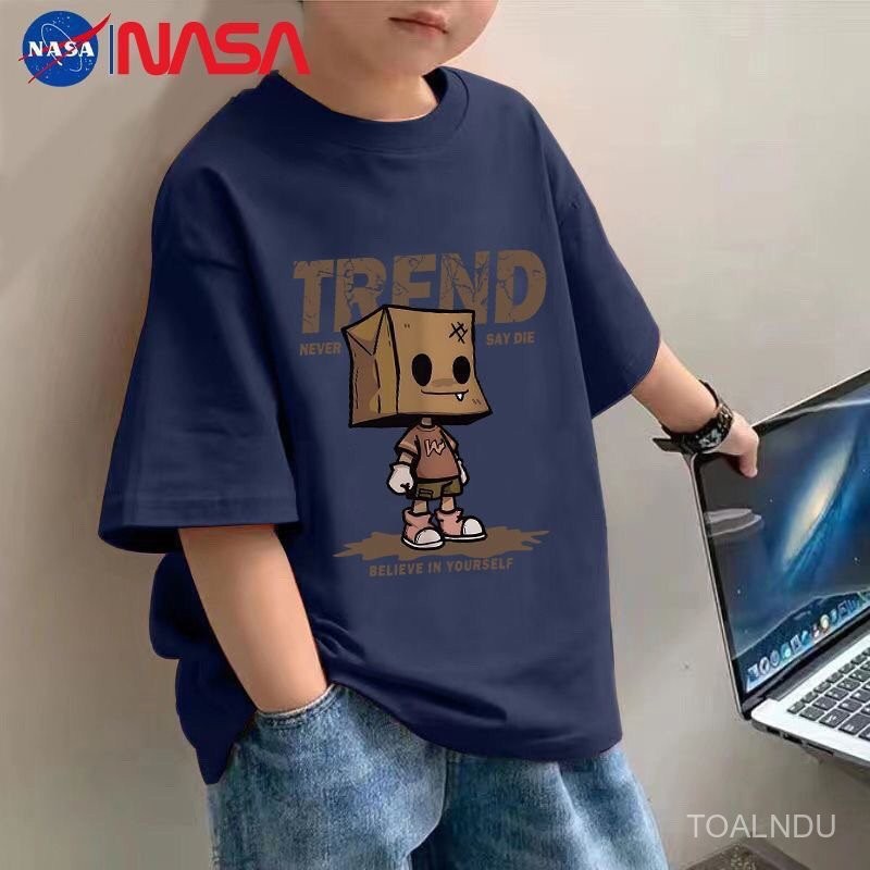 เสื้อยืดผ้าฝ้ายพิมพ์ลายแขนสั้นแบบใหม่สำหรับเด็กผู้ชาย NASA ฤดูร้อนเสื้อเด็กกลางและเด็กโต d9zp