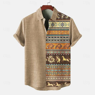 2025วินเทจสไตล์ชาติพันธุ์เสื้อแขนสั้นผู้ชาย3D แบบพิมพ์แขนสั้นด้านบนสไตล์ชาติพันธุ์กลางแจ้งหลวมสบายๆขนาดใหญ่ Boho เสื้อสำหรับผู้ชาย