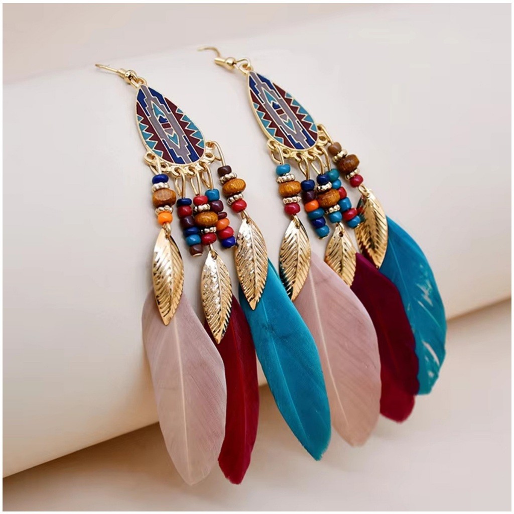 1คู่ ต่างหูพู่ประดับลูกปัด ขนนก สไตล์โบฮีเมียน สวย เครื่องประดับแฟชั่น ตุ้มหูยาวห้อย - รูปที่ 6