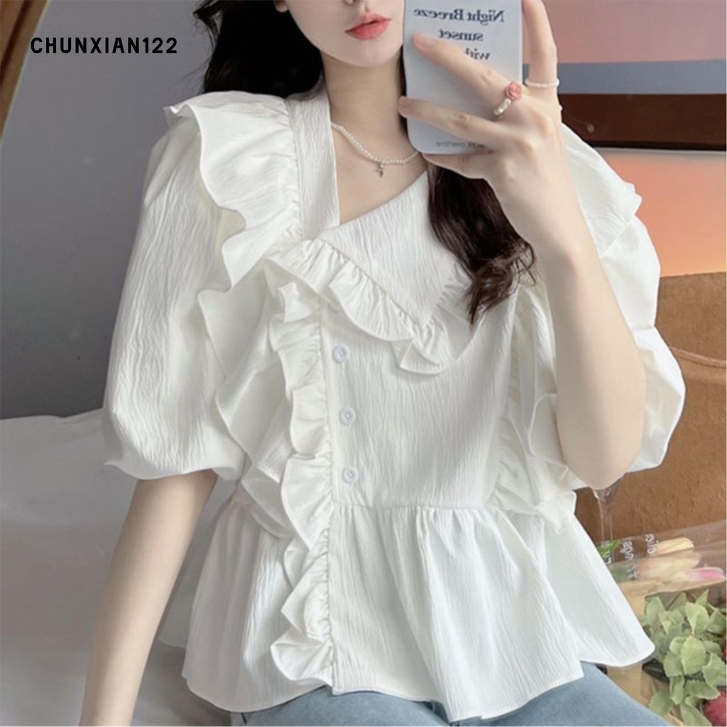 เสื้อเชิ้ตผู้หญิงแขนสั้น เสื้อสาวอวบ คอตุ๊กตา ไซส์ใหญ่ สไตล์ฝรั่งเศส เสื้อแฟชั่นผู้หญิง