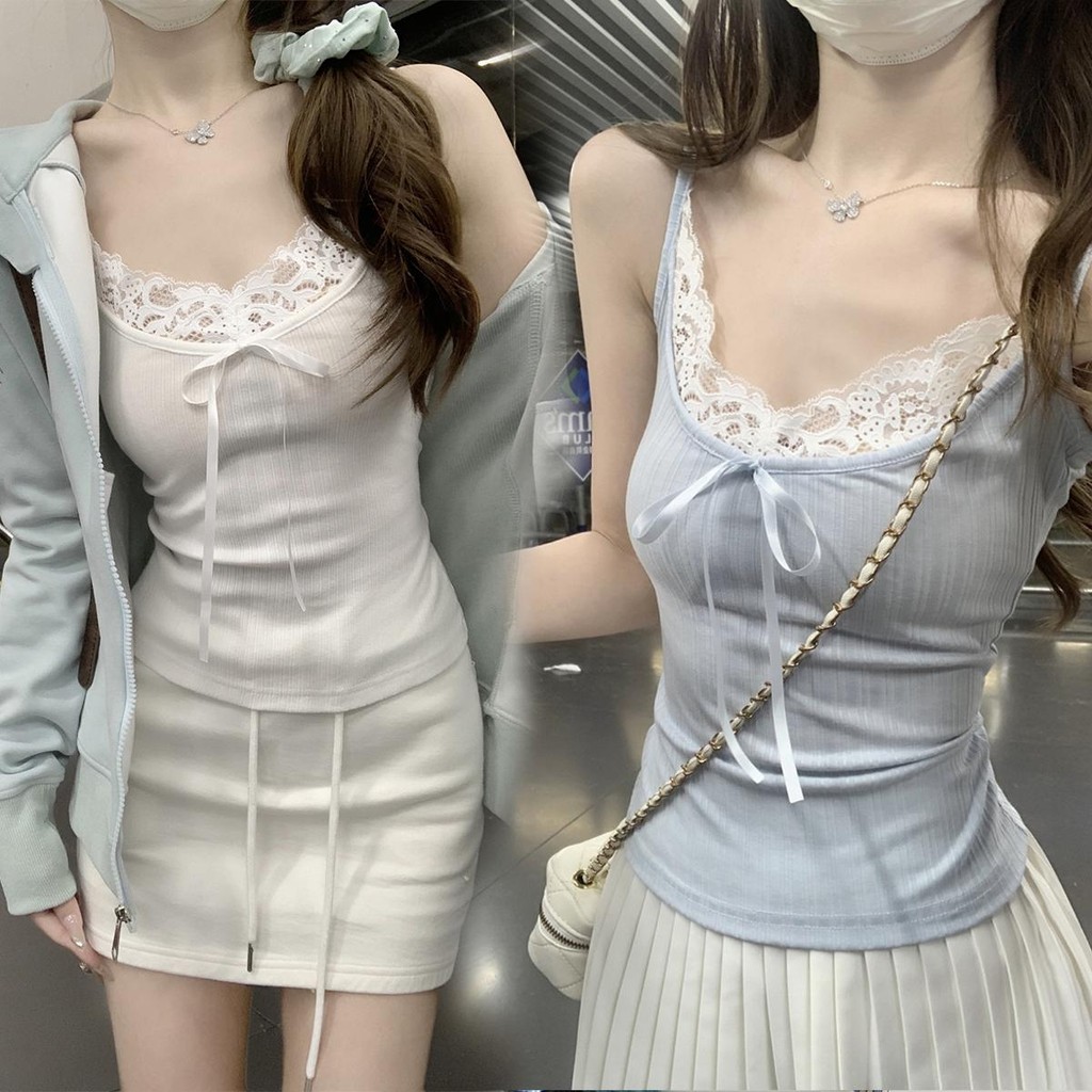 Mimi&Didi เสื้อสายเดี่ยว เสื้อกล้ามลูกไม้ต่อสำหรับผู้หญิง ทรงเข้ารูป ผูกเชือก สไตล์เกาหลี แฟชั่นน่ารักหวานๆ2697