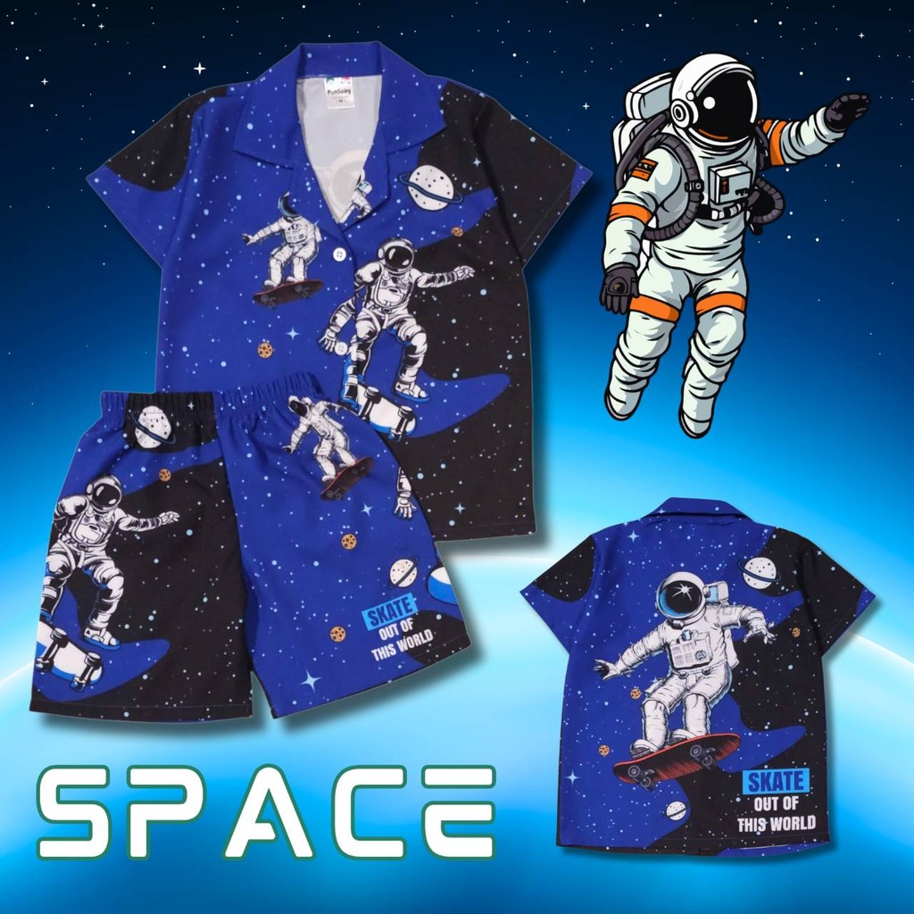 NASA0865#2 ชุดเด็ก เซ็ตเสื้อฮาวาย+กางเกงขาสั้น ผ้าไหมอิตาลี ลายการ์ตูน นักบินอวกาศ เสื้อผ้าเด็กแฟชั่น ชุดเที่ยวทะเล