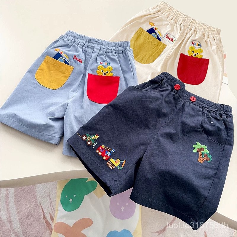 ฤดูร้อนใหม่ แพทช์การ์ตูนรถขุด กางเกงขาสั้นปักลายห้าจุดสำหรับเด็กชายและเด็กหญิง สบายๆ