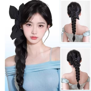 🔥จัดส่งจากประเทศไทย🔥40 ซม. วิกผมถักแบบหนีบติดโบว์สีดำ วิกผมถักเปียแบบมัดข้าง
