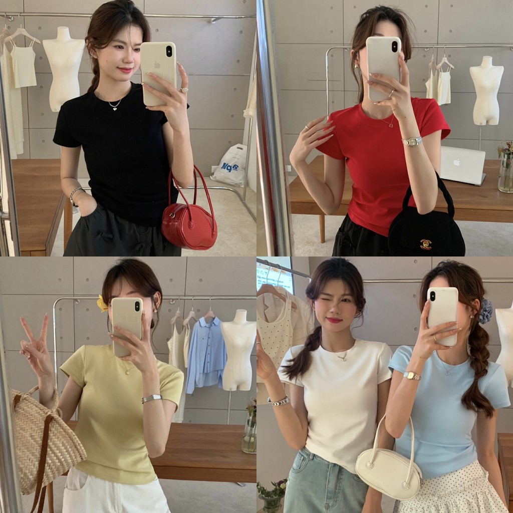 Anne เสื้อยืด สีพื้น คอกลม แขนสั้น ผ้าใส่สบาย เข้ารูป เสื้อครอป สไตล์ลำลอง เกาหลี มินิมอล #FY8701