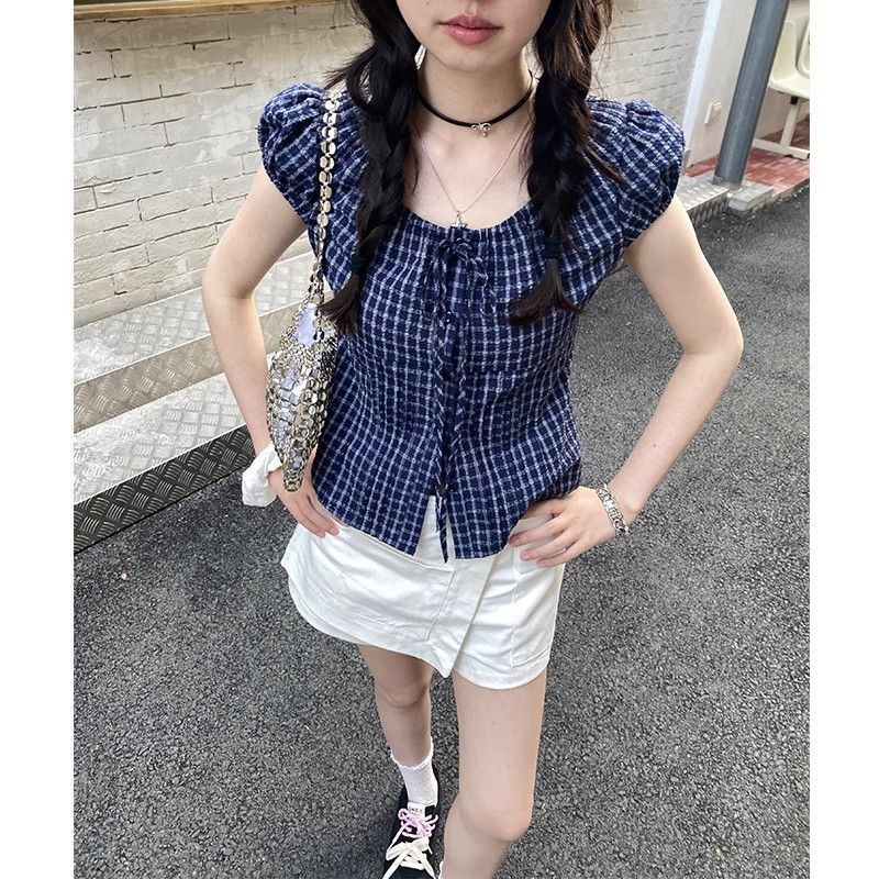 LINNA~วินเทจ ตาหมากรุก ผูกขึ้น แขนสั้น เสื้อเชิ้ต สไตล์ใหม่ เวอร์ชั่นเกาหลี สไตล์แฟชั่น