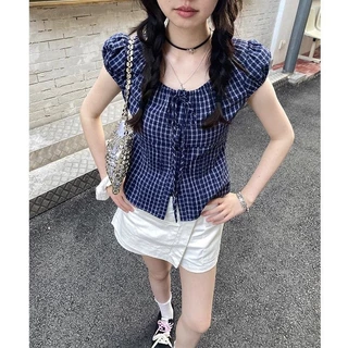 LINNA~วินเทจ ตาหมากรุก ผูกขึ้น แขนสั้น เสื้อเชิ้ต สไตล์ใหม่ เวอร์ชั่นเกาหลี สไตล์แฟชั่น