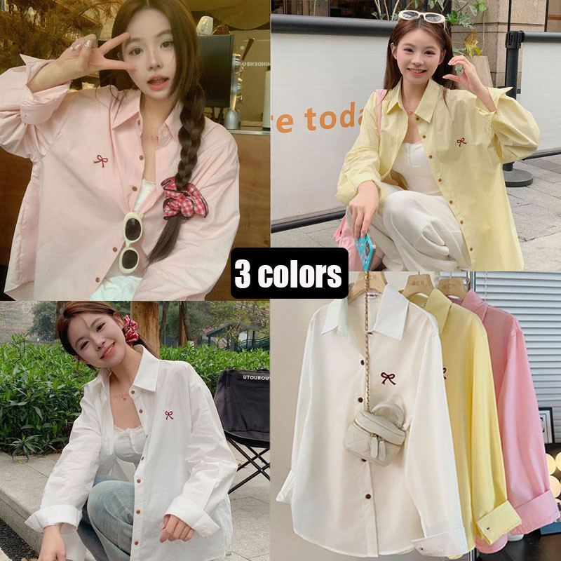 Dahong 💖เสื้อเชิ้ตแขนยาว Oversizeแต่งลายโบว์ เนื้อผ้าดีทรงสวยใส่แมทช์ง่ายสไตล์เกาหลีสุดๆ W417