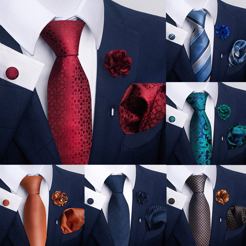 พร้อมสต็อก Brown Paisley Mens Tie Square Scarf Cufflinks Corsage Set Business Official Accessories