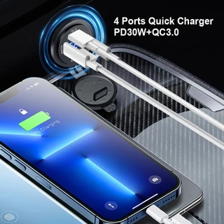 ใหม่ 4 พอร์ต Dual PD Dual QC 3.0 USB Car Charger พร้อมโวลต์มิเตอร์ Socket Power Outlet Adapter กันน้ําสําหรับ 12 V/24 V รถเรือ
