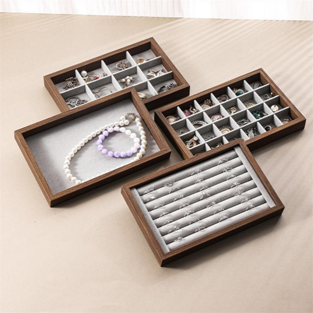 12ตาราง/24 กริดไม้เครื่องประดับถาดไมโครไฟเบอร์ภายในเครื่องประดับลิ้นชักออแกไนเซอร์ตู้โชว์กล่องแสดงแหวนต่างหูผู้ถือ