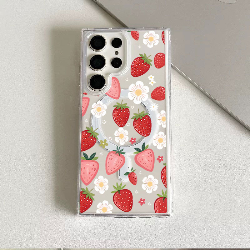 สตรอเบอร์รี่ดอกไม้รูปแบบกันกระแทก S23Ultra เคสโทรศัพท์เทียบได้กับ Samsung s20fe S21 S21PLUS S22 S23 S24 Ultra ปลอกกันกระแทก S25 Plus S25ultra ฝาครอบ