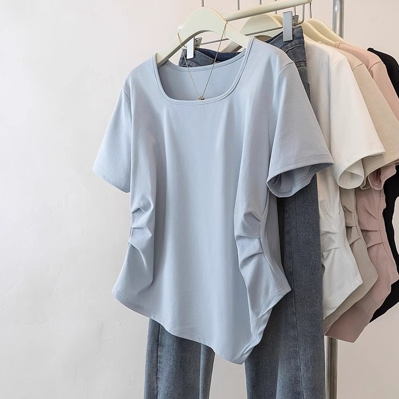 [เสื้อยืดโอเวอร์ไซส์] (40-120กก.) Summer Square Neck Stylish Casual Women Slim-Fit Top Plus Size สีพื้น