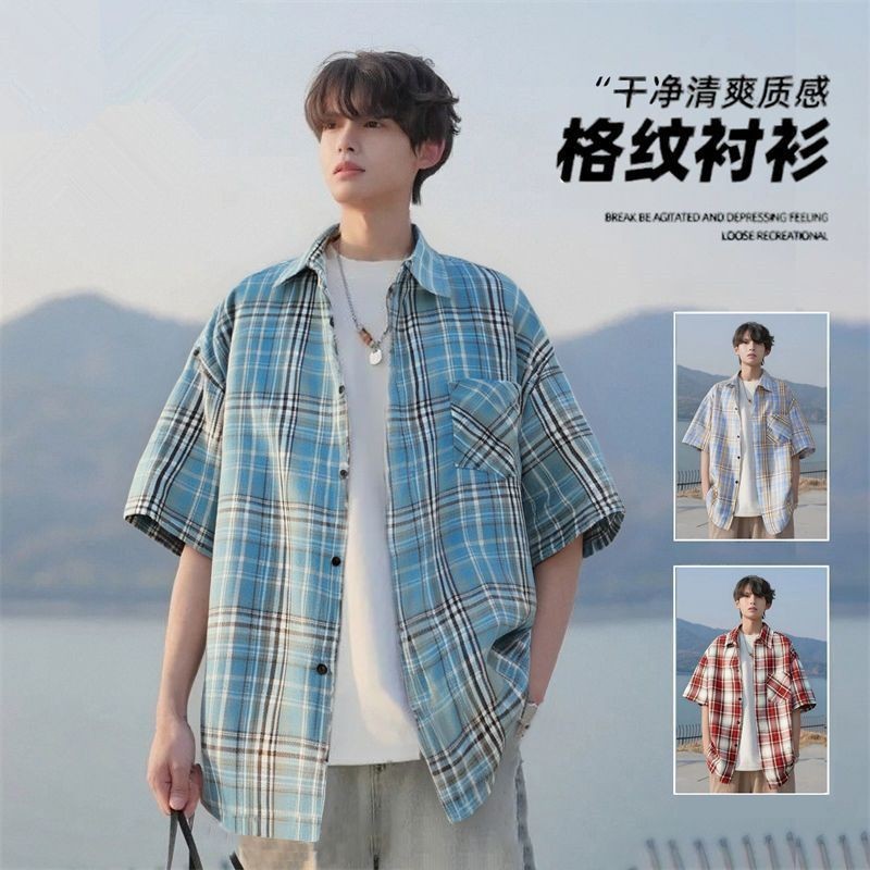 Shop Youth เสื้อหล่อลายสก๊อตอเมริกันแขนสั้นบางหลวมเสื้อลําลองเสื้อแจ็คเก็ตผู้ชาย