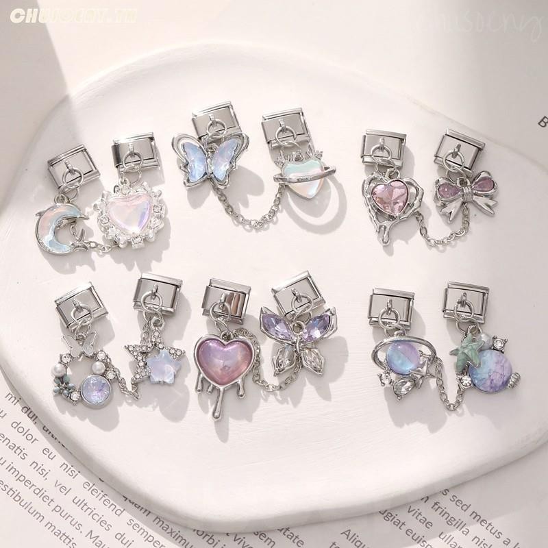 ผีเสื้อสีม่วงหัวใจเสน่ห์อิตาลี สร้อยข้อมือสแตนเลส 9 มิลลิเมตร เครื่องประดับทำเอง ย้อนยุค บุคลิกภาพโมดูลสร้อยข้อมือ