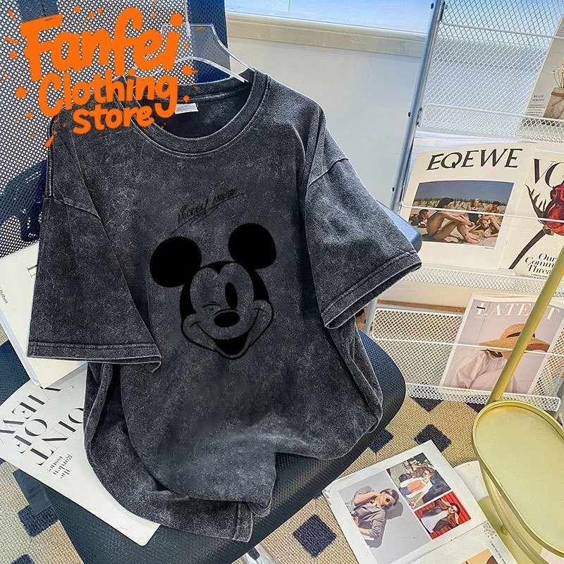 (จัดส่งตลอด 24 ชั่วโมง)Fanfei วินเทจทำเก่าการ์ตูนพิมพ์เสื้อยืดหลวมคอเสื้อ M-3XL