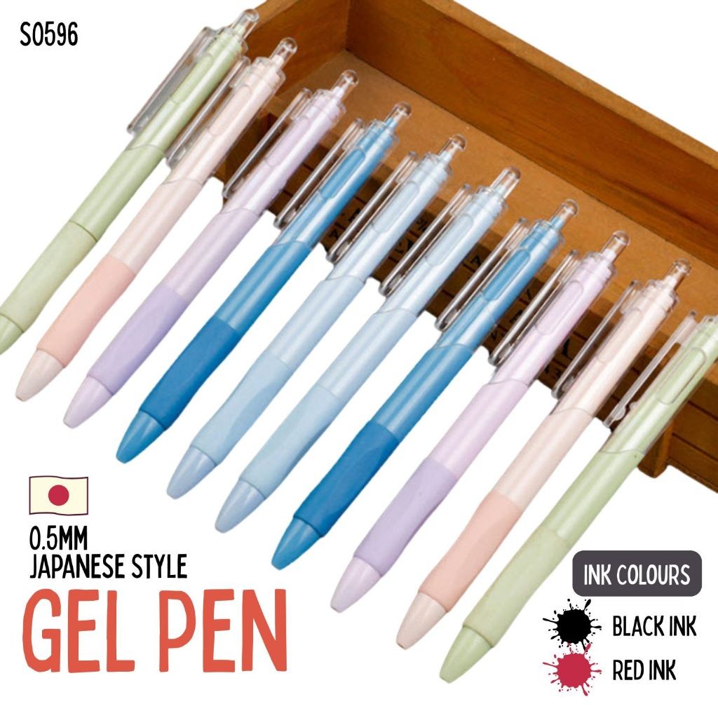 S0596 ปากกาเจล 0.5mm สไตล์ญี่ปุ่น Gel Pen แบบกด สีพาสเทล หมึกดำ/แดง เขียนลื่น สวยทุกด้าม