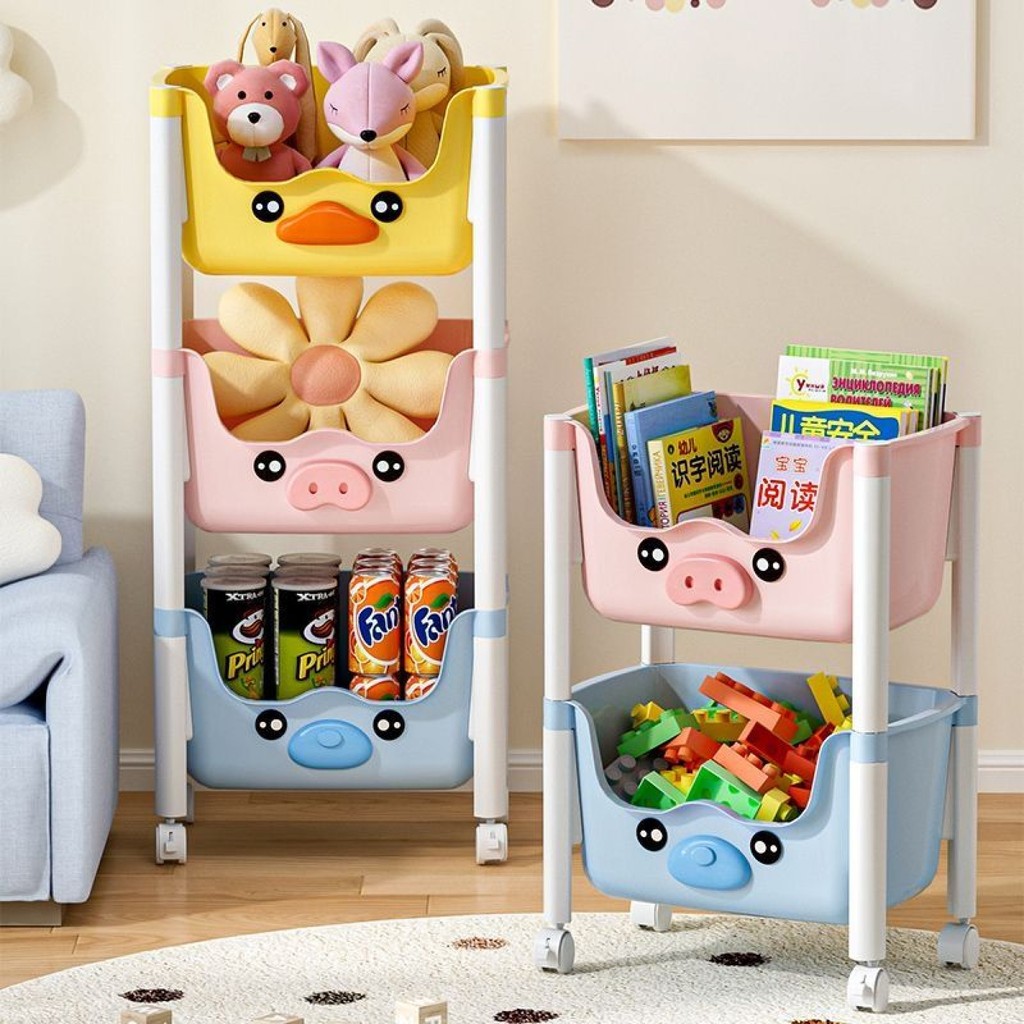 รถเข็น Multi layer Storage Rack ของเล่นเด็กชั้นยืนเก็บ Baby s Smiley ของเล่นในครัวเรือนชั้นวางหนังสื