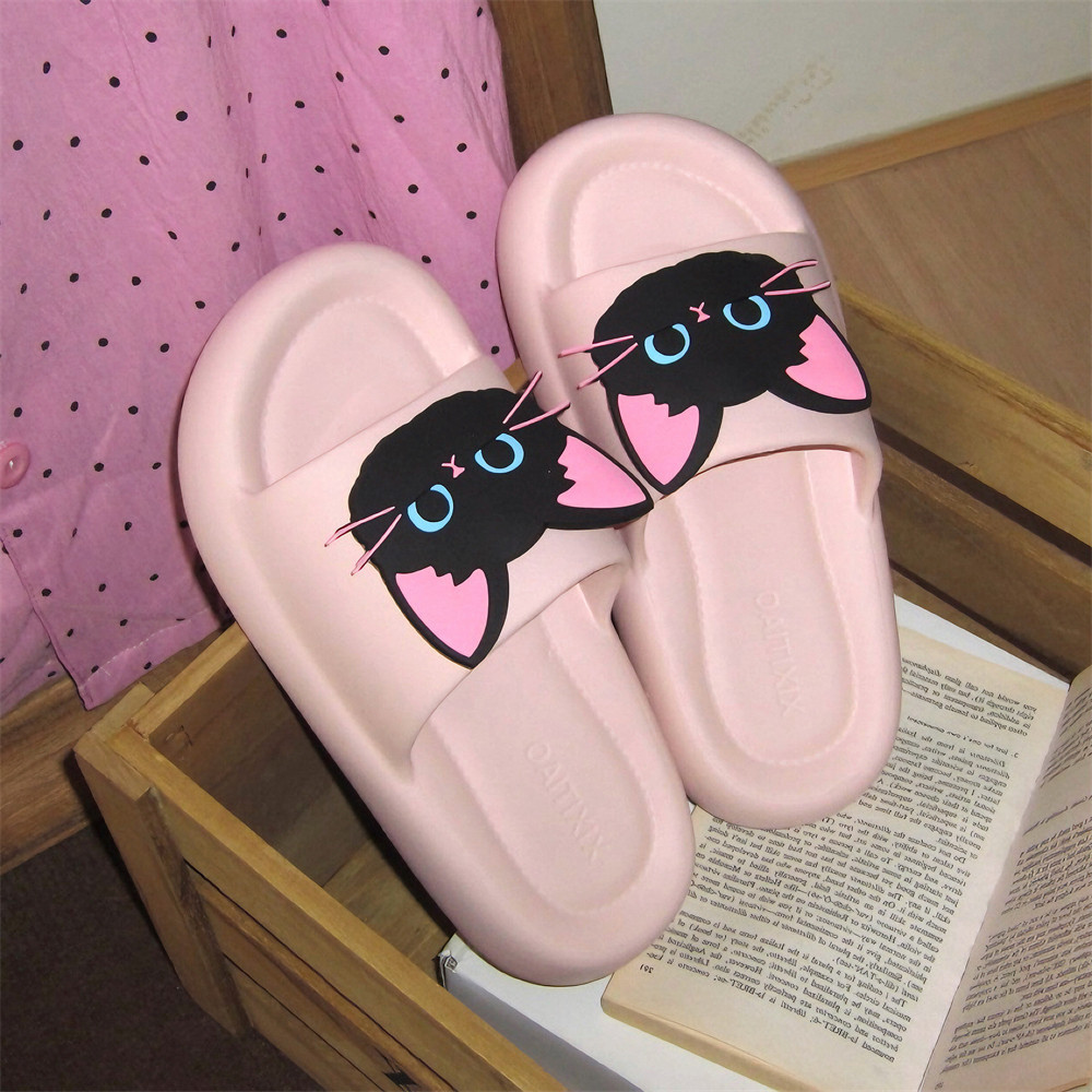 XIXITIAO น่ารักแมวดําบ้านรองเท้าแตะรองเท้าแตะผู้หญิงกลางแจ้ง Flip-Flops นุ่มสบาย