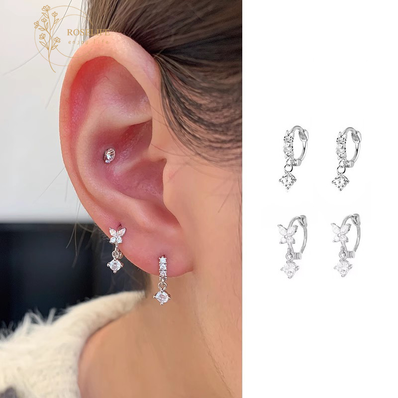 Roselife เกาหลี Delicate S925 เงิน 1 คู่คริสตัลผีเสื้อ Hoop ต่างหูแฟชั่นผู้หญิง Pierced หูเครื่องประดับ