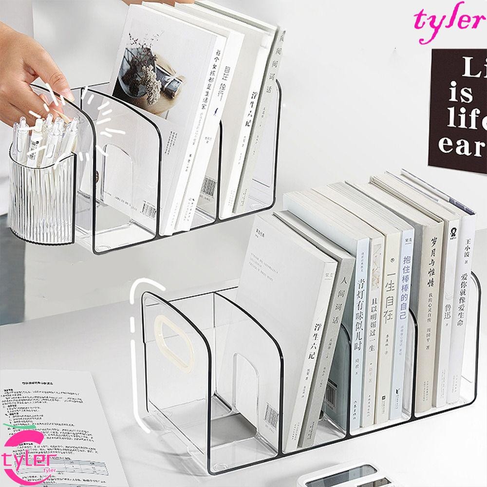 TYLER Divider ที่วางหนังสือ, ประหยัดพื้นที่แสดงการจัดการ Bookends, ขาตั้งหนังสือทนทานโปร่งใสเรียบง่ายชั้นเก็บโต๊ะชั้นวางหนังสือ