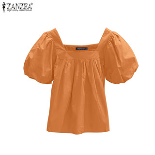 ZANZEA เสื้อเบลาส์สีทึบคอสี่เหลี่ยมแฟชั่นเกาหลีสําหรับผู้หญิ…
