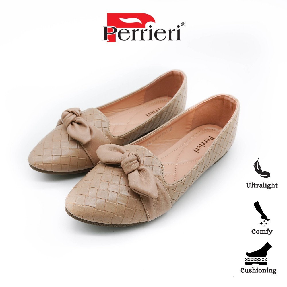 JK9 Perrieri รองเท้าผู้หญิง PR ทํางานทอลายสก๊อตเนื้อริบบิ้น Pointed-Toe Flats 60746 (สีดํา, Nude)
