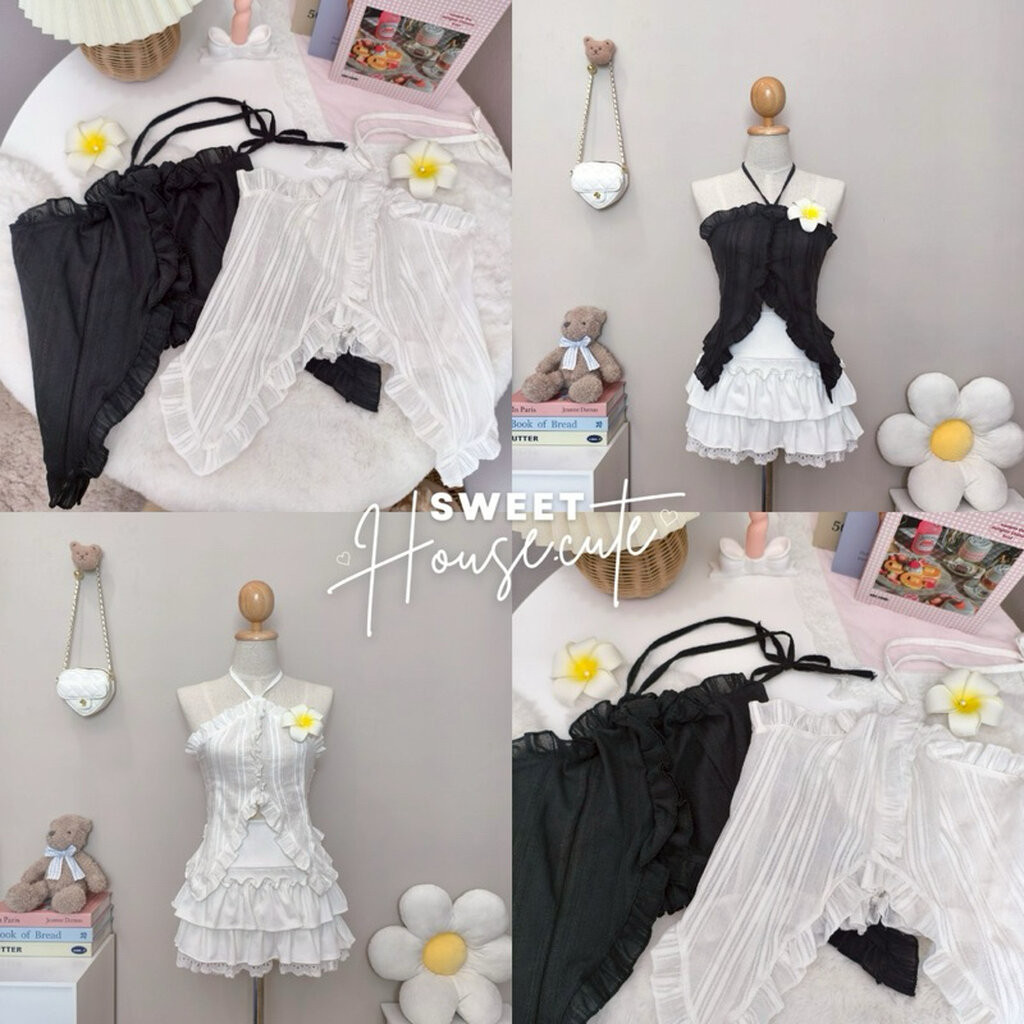 SweetHouse #572 เสื้อเกาะอกคล้องคอแถมฟรีกิ๊ฟติดผมกล้วยไม้ สวยน่ารักรับซัมเมอร์มากกก