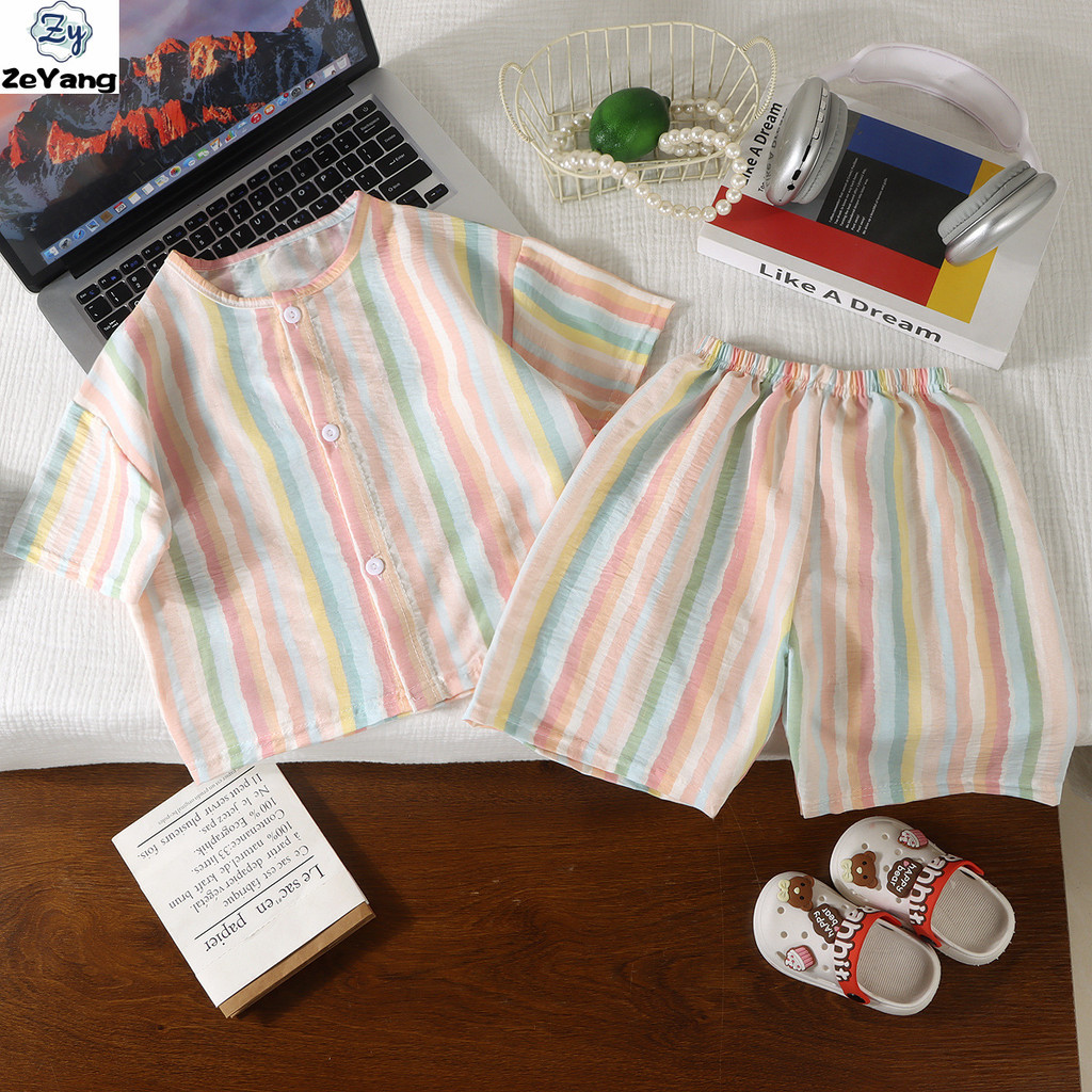 [ZY] 70-150 พร้อมสต็อกเด็ก Cloud Cotton Loungewear ชุดลําลองแขนสั้นเด็กคาร์ดิแกนกางเกงขาสั้นชุดนอนสองชิ้นเสื้อผ้าเด็กแฟชั่น Fast Shipping