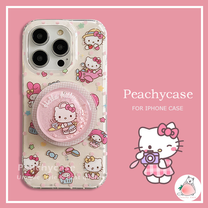 น่ารัก Melody Hello Kitty Glitter Quicksand ผู้ถือขาตั้งแม่เหล็กเคสโทรศัพท์สําหรับ iPhone 16 15 14 13 Pro Max 16pro Anti-scratch IMD ไร้สายชาร์จมือถือปลอก