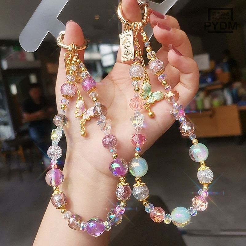 ห่วงโซ่ลูกปัดแฮนด์เมดระดับไฮเอนด์โทรศัพท์มือถือข้อมือสั้นโซ่แขวนคริสตัลลูกปัดจี้ผีเสื้อเชือก