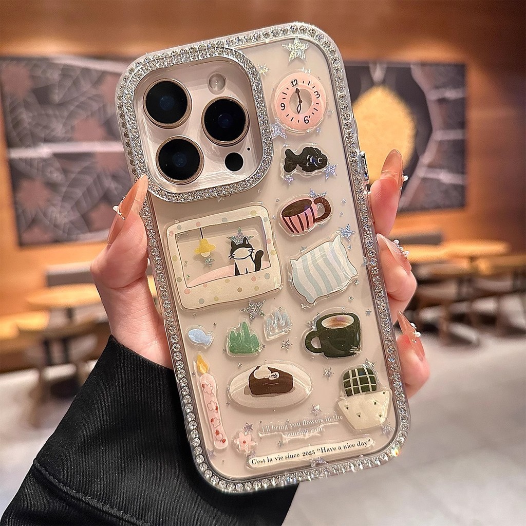 เพชรเลนส์กรอบ 3D หมอนแมว Glitter Star อะคริลิคโปร่งใสเคสโทรศัพท์สําหรับ iPhone 17Promax 16Promax 11 12 13 14 15 Pro Max 15Plus หวาน Girly กันกระแทกฝาครอบมือถือ