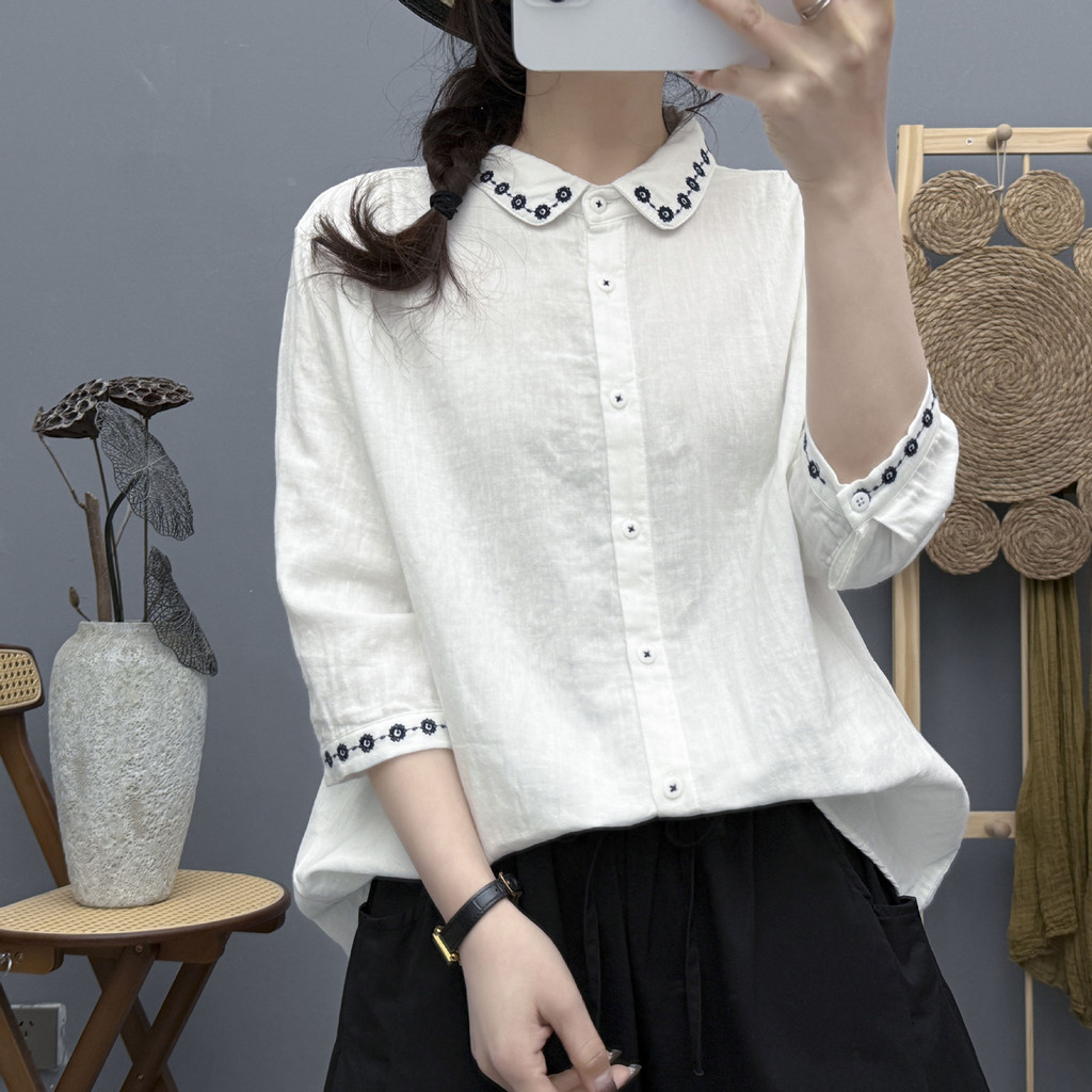 ผ้าฝ้าย 100% เสื้อสุภาพสตรี 2025 ฤดูใบไม้ผลิฤดูร้อนผ้าฝ้ายบริสุทธิ์ผ้ากอซเสื้อผู้หญิงปกปักวรรณกรรมสไตล์หลวม ผอมลง ดูกลางแขนเสื้อครึ่งแข