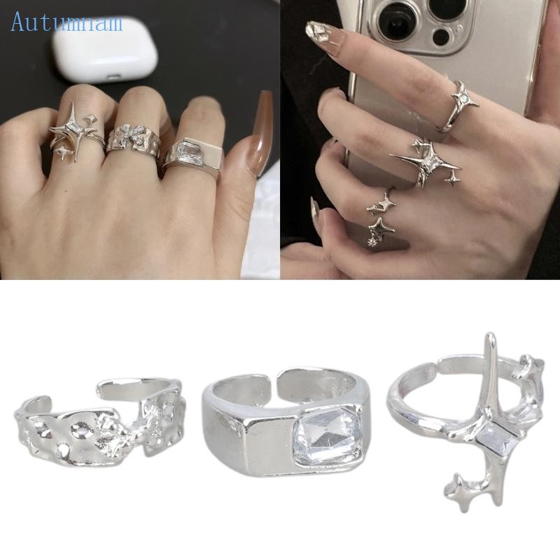 AUTU แหวนโลหะผสมทนทานพร้อมเพทายสไตล์สำหรับคู่รักชุดลำลอง