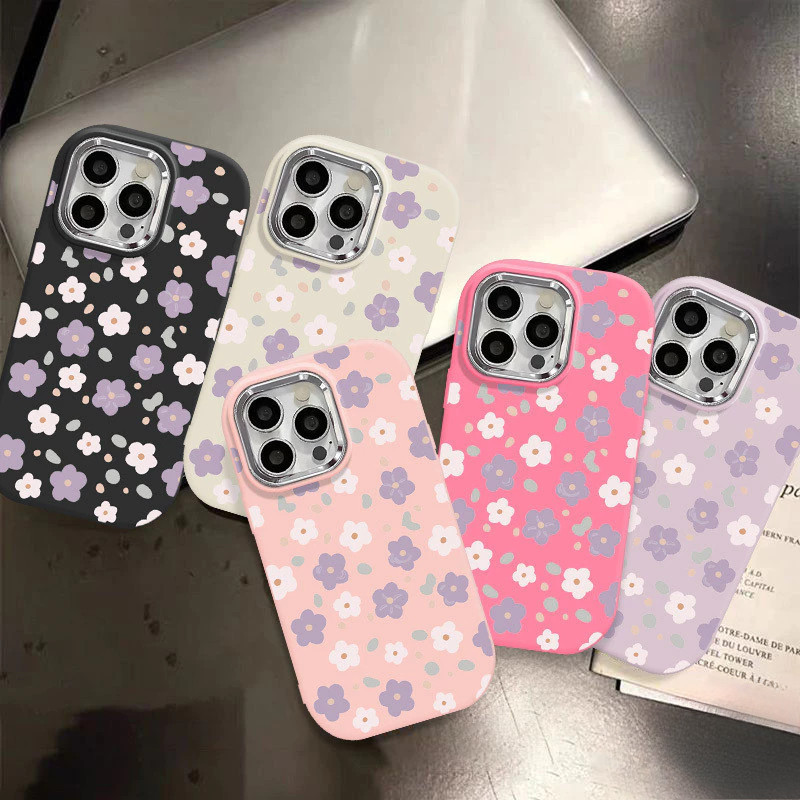 🔥SUN🔥น่ารักลูกอมสีม่วงสีขาวดอกไม้หรูหราชุบโลหะฝาครอบเลนส์ เคสไอโฟน iPhone16 15 13 14 12 11 Pro Max 7 8 Plus X XR XSMax