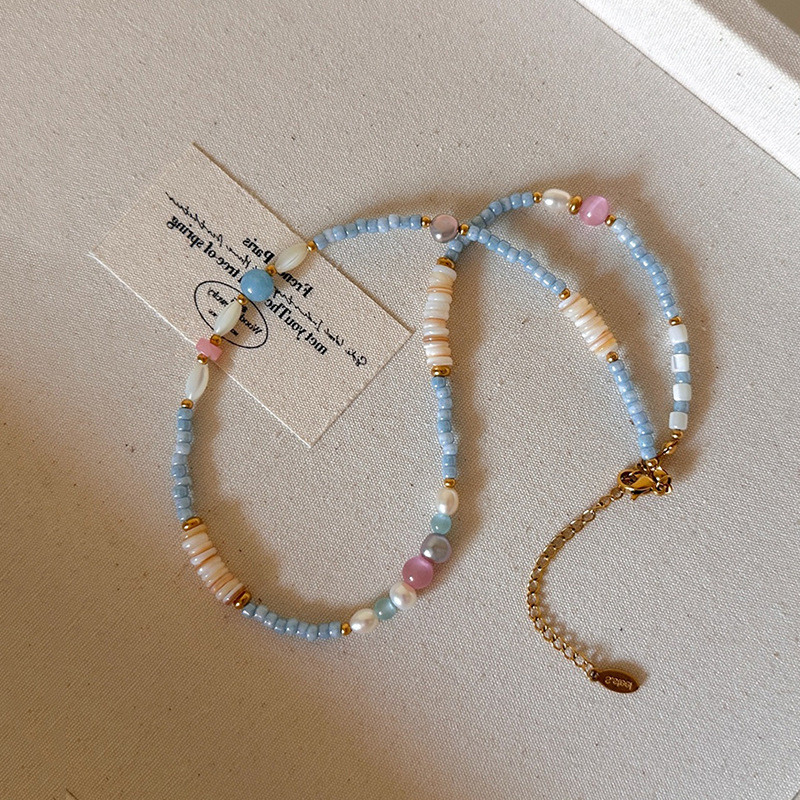 夏珠新款粉 众外套男女春新款女学生ฤดูใบไม้ผลิและฤดูร้อนสร้อยคอลูกปัดซอกสีน้ําเงินสีชมพูสดกับอารมณ์ร้อยS3GfV7cz2my