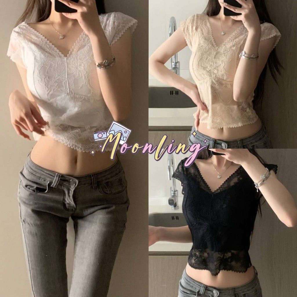 🌜Moonling🌛 พร้อมส่งจากไทย เสื้อกล้ามลูกไม้ ผ้านุ่มนิ่มมาก มีฟองน้ำในตัว ยืดตามตัวสีพื้น *FY2603*