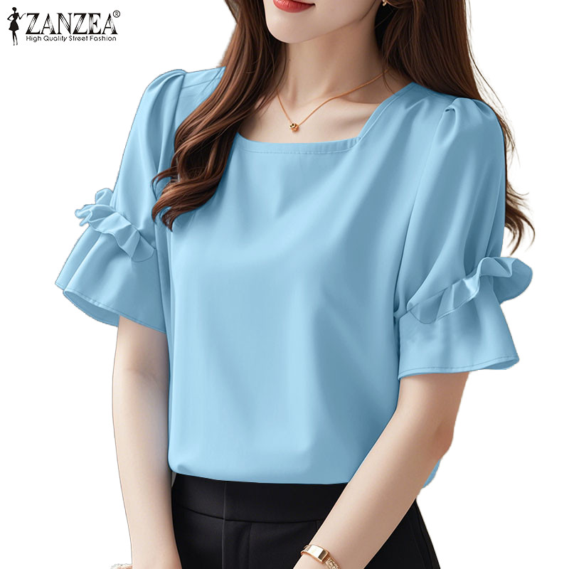 ZANZEA ใส่ ซานเซีย ผู้หญิงแฟชั่นเกาหลีบิน แขนสแควร์ รัฟเฟิล คอธรรมดาย
