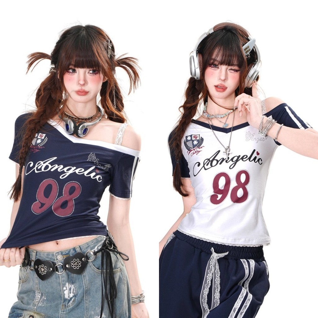 Babytee สไตล์เกาหลี Y2K NO.98 Crop Tops สําหรับผู้หญิงปิดไหล่แขนสั้น Slim เสื้อยืดอเมริกันย้อนยุคสั้นกีฬา JERSEY GIRL FRIEND MIX Street สวมใส่สําหรับสาวแนวโน้มร้อน 2025