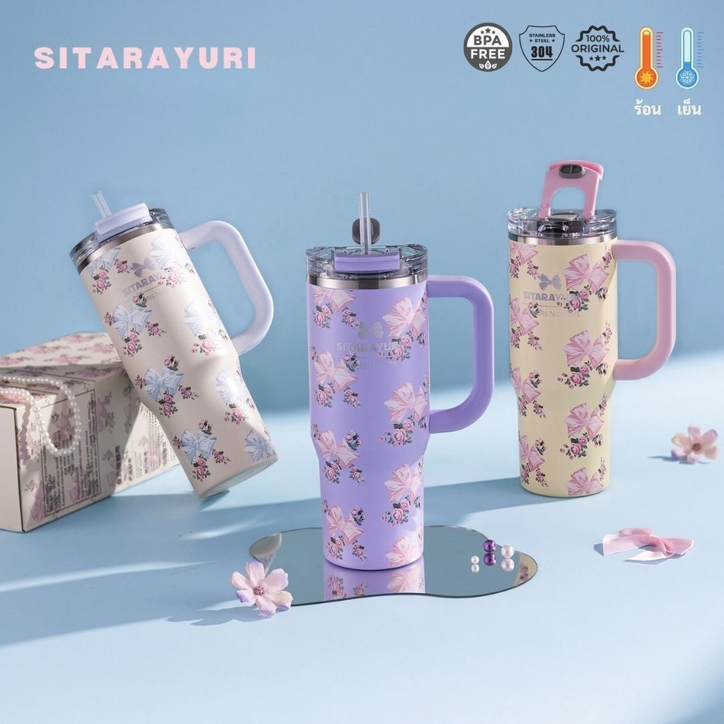 SITARAYURI แก้วเก็บความเย็นพร้อมหูจับข้าง ลายโบว์ เก็บอุณหภูมิ 900ML เย็น & ร้อน SUS304 2 หัวดื่มใน 1 ฝา