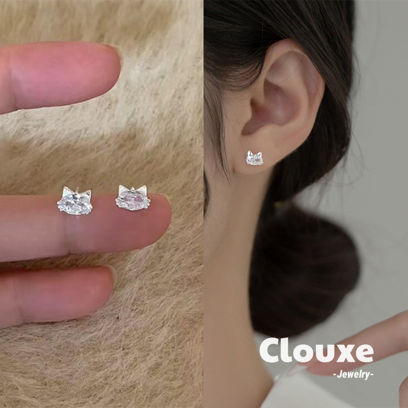 [Clouxe]ต่างหูแมวเพชรสีเงินพิเศษอเนกประสงค์ขนาดเล็กหวานเรียบง่าย F392